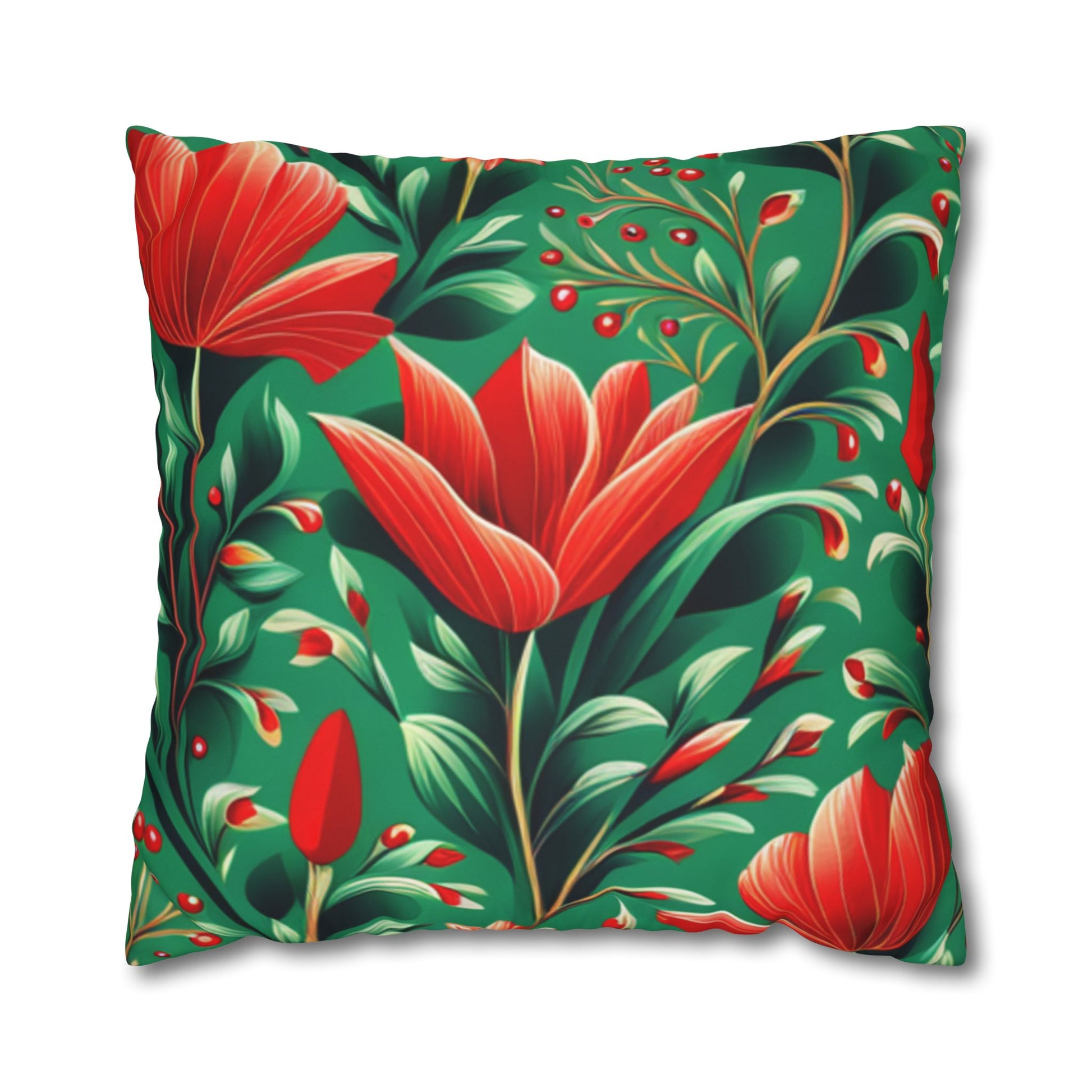 Red Flowers Square Pillowcase, Floral Decor, Flowers and Plants - Homevalley.co.uk