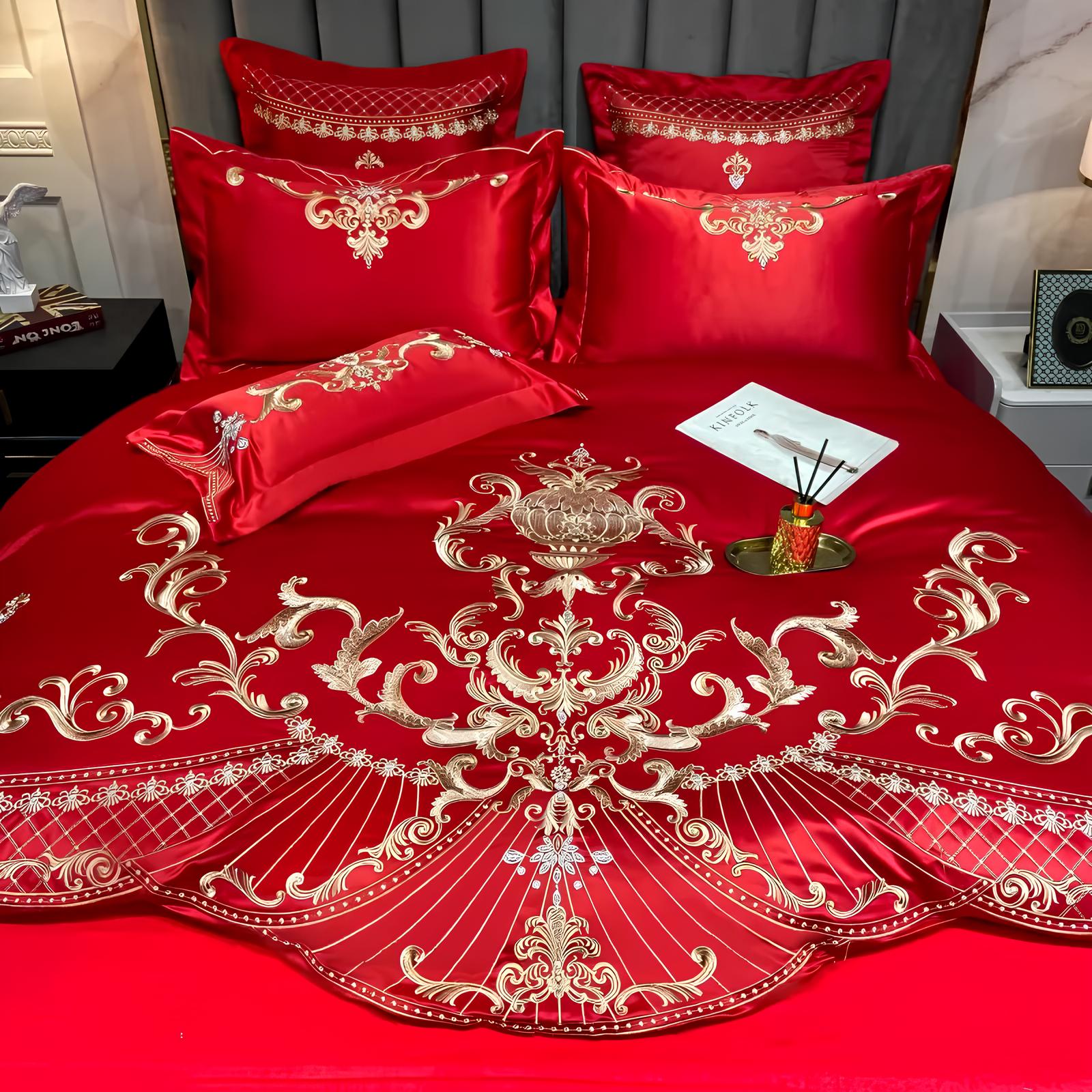 Red Luxury Royal Gold Embroidery Glossy Cotton Bedding Set, 400TC - Homevalley.co.uk
