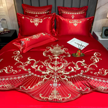 Red Luxury Royal Gold Embroidery Glossy Cotton Bedding Set, 400TC - Homevalley.co.uk