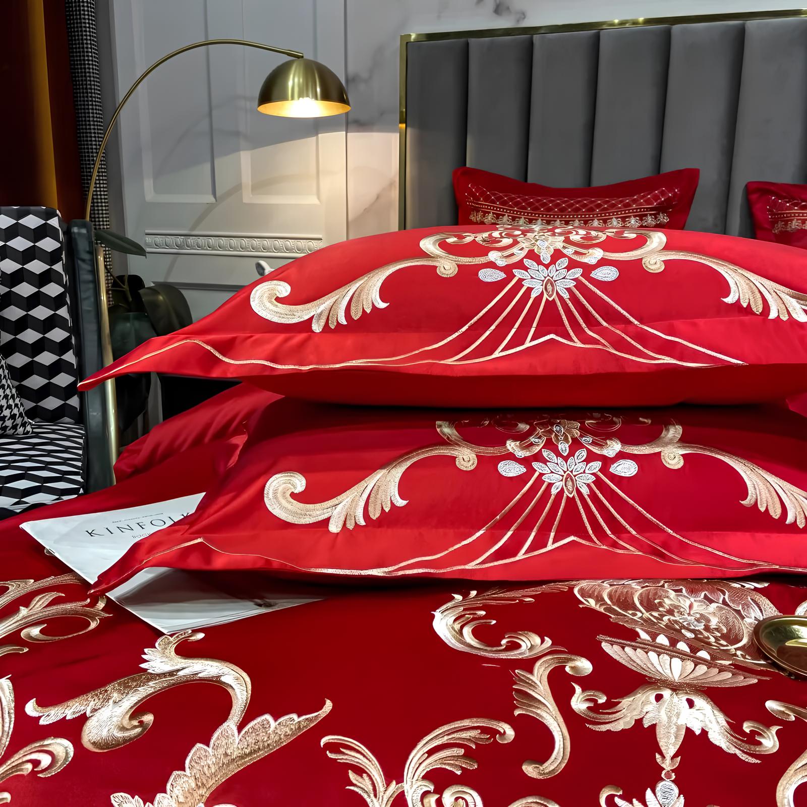 Red Luxury Royal Gold Embroidery Glossy Cotton Bedding Set, 400TC - Homevalley.co.uk