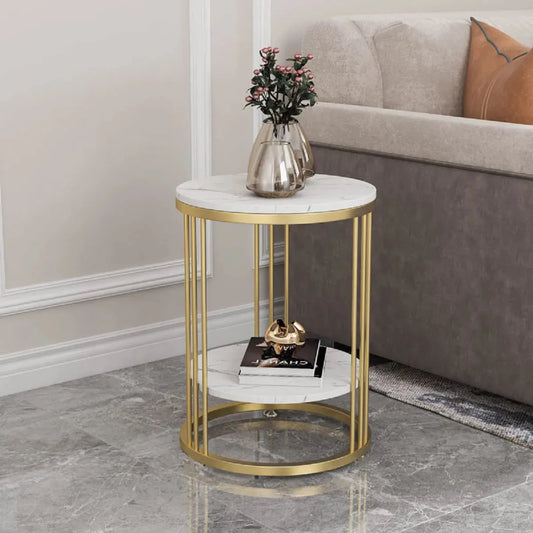 Round Marble Accent Gold Metal Frame Table Storage Table - Homevalley.co.uk