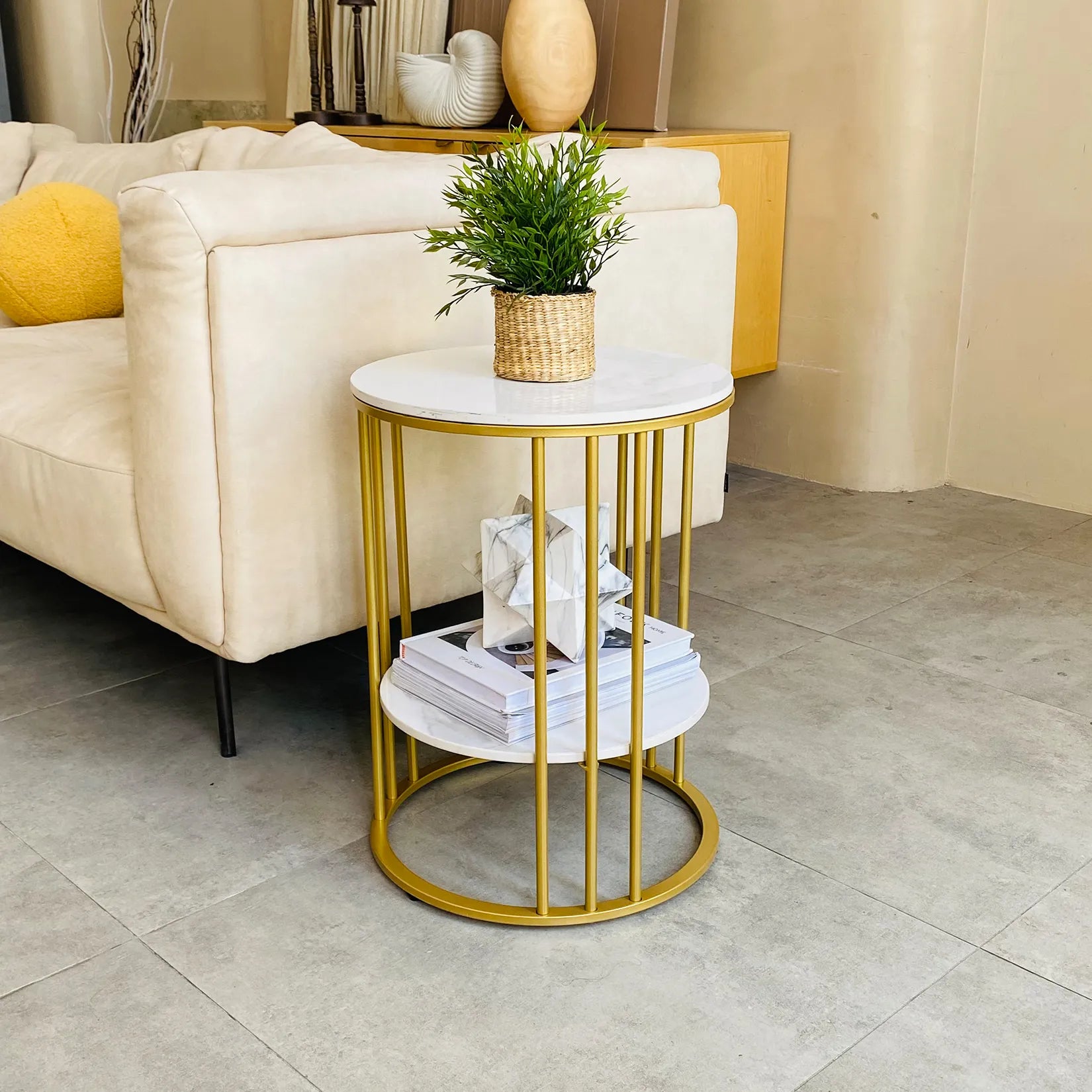 Round Marble Accent Gold Metal Frame Table Storage Table - Homevalley.co.uk