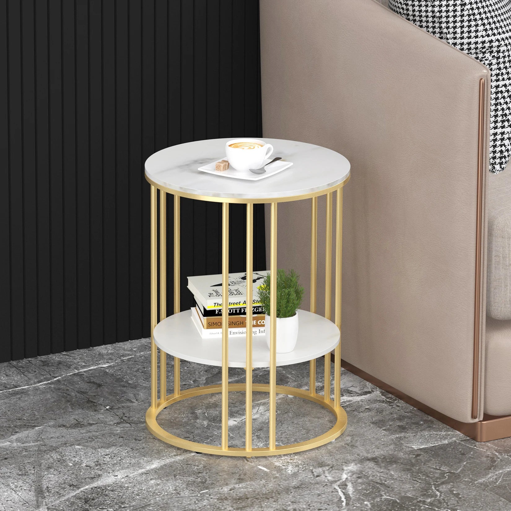Round Marble Accent Gold Metal Frame Table Storage Table - Homevalley.co.uk