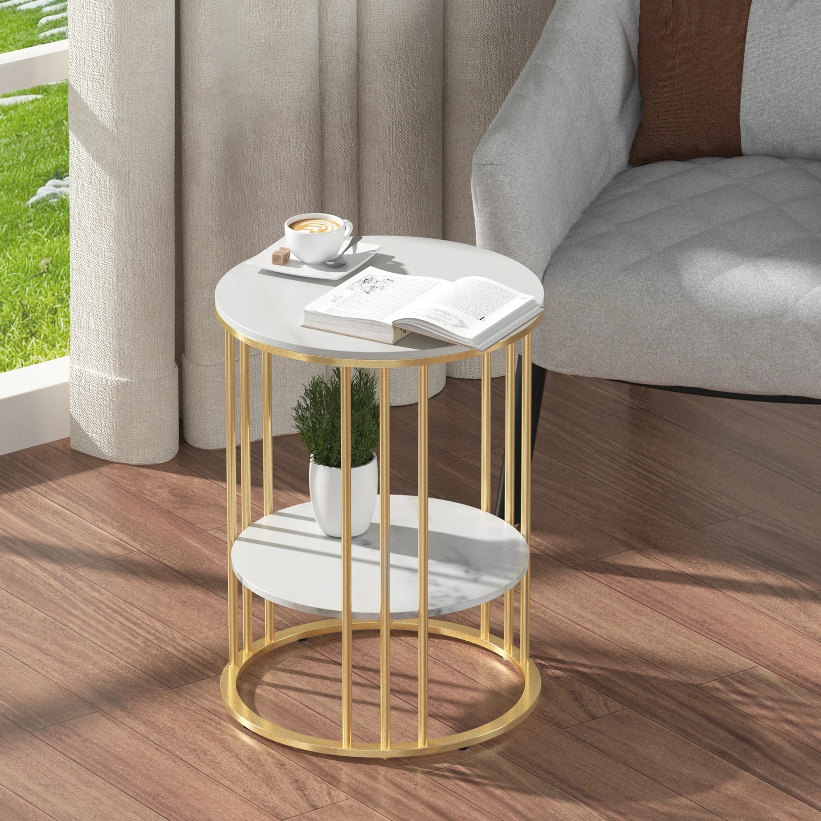 Round Marble Accent Gold Metal Frame Table Storage Table - Homevalley.co.uk