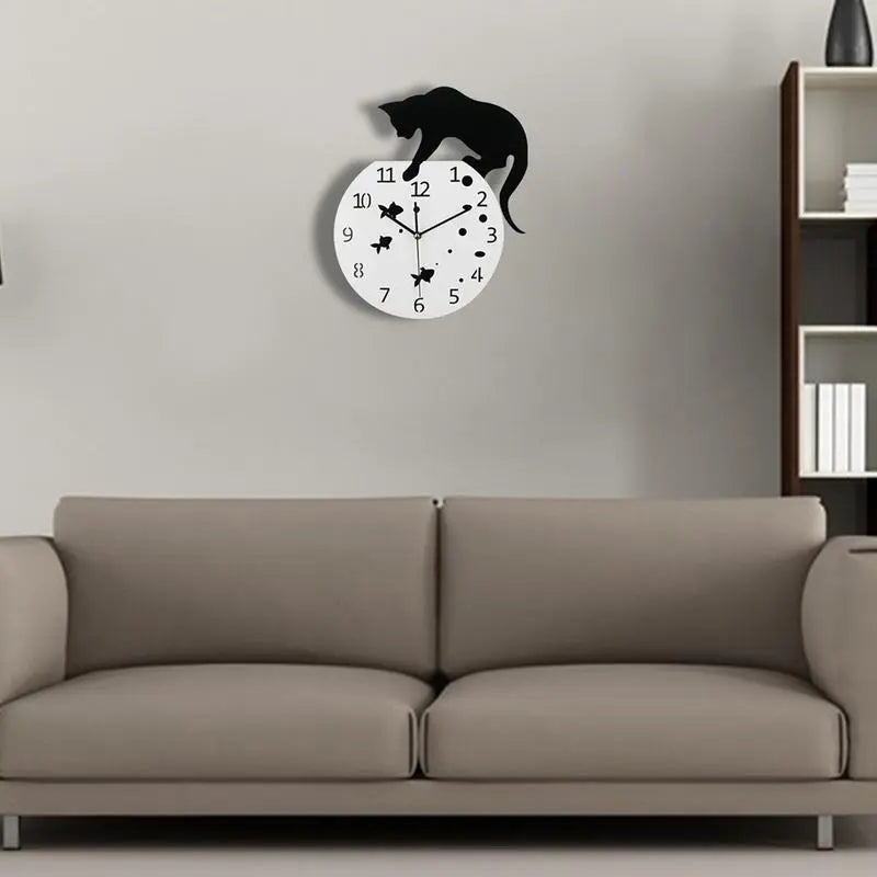 Round Wall Clock with Cat Design - Homevalley.co.uk