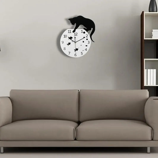 Round Wall Clock with Cat Design - Homevalley.co.uk