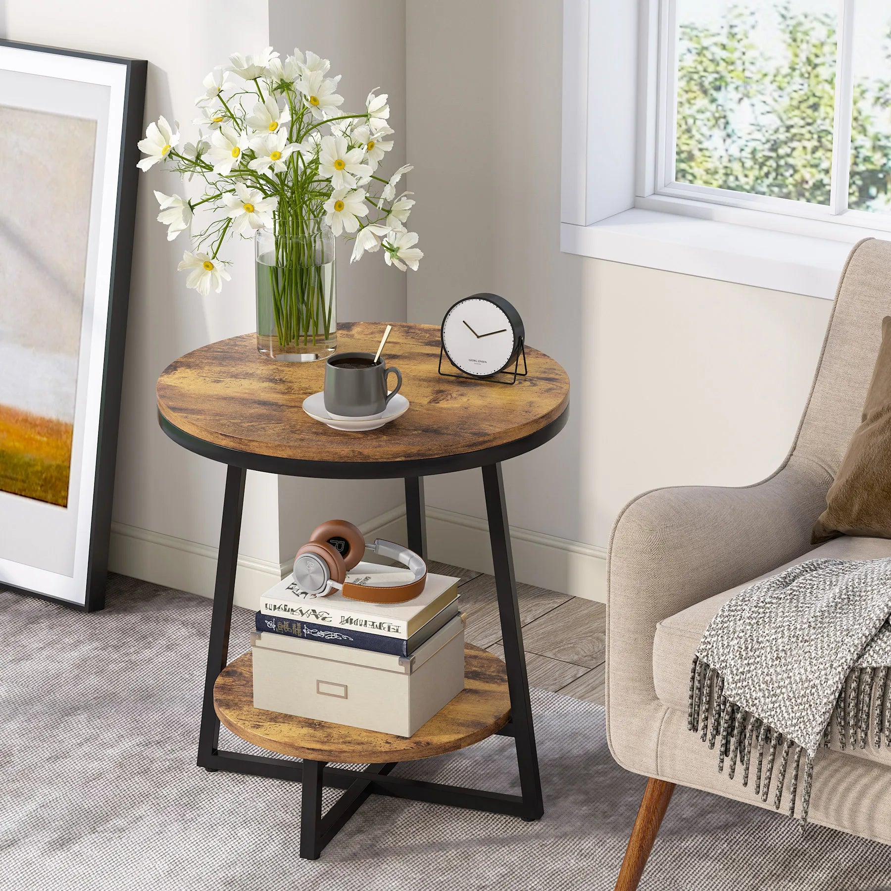 Rustic 2 Tier Round Coffee End Side Table - Homevalley.co.uk