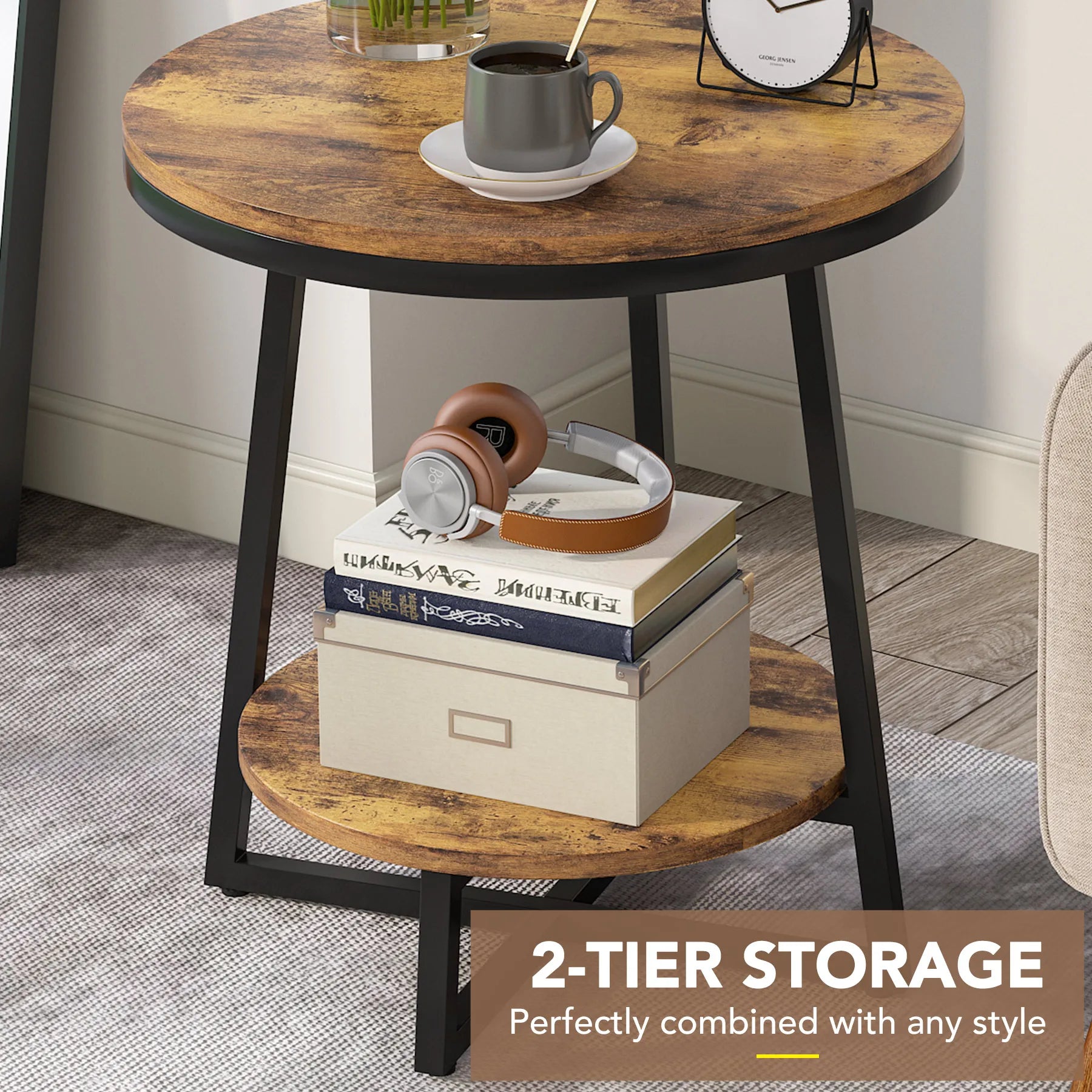 Rustic 2 Tier Round Coffee End Side Table - Homevalley.co.uk
