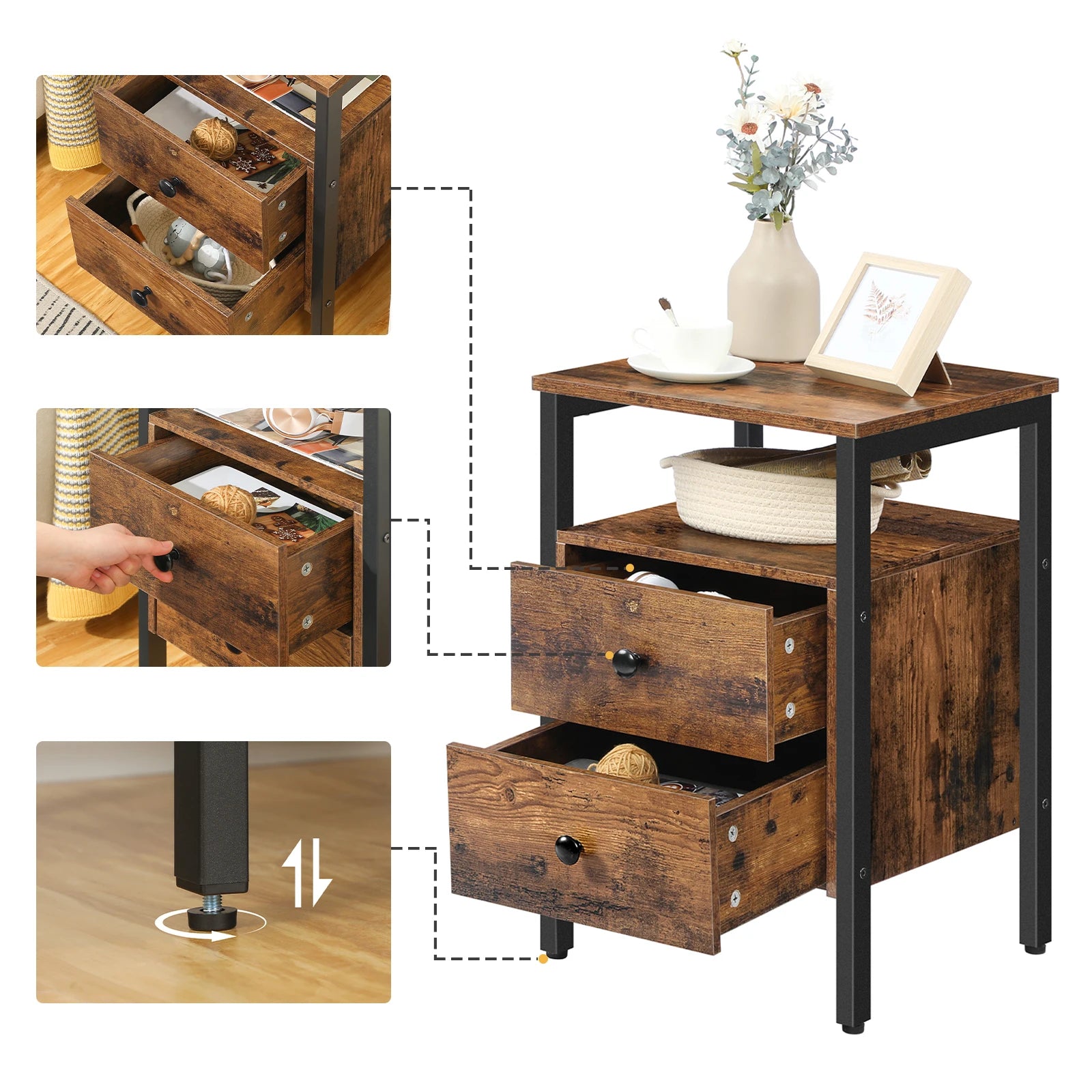 Rustic Bedside Table with Drawers - Homevalley.co.uk