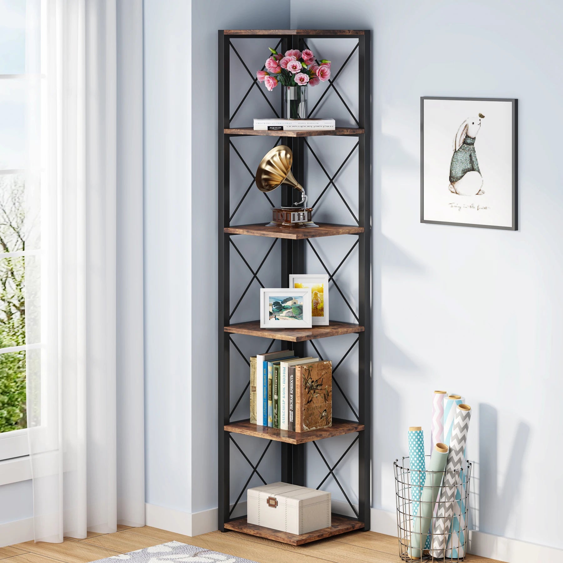 Rustic Collection 6-Tier Tall Shelf Bookshelf Storage Display (USA Only) - Homevalley.co.uk