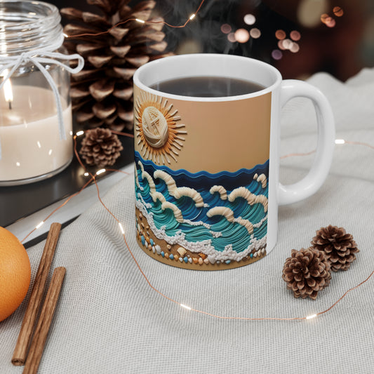 Sandy Beach White Ceramic Coffee Mug, Sea and Sand Coffee Cup, Sunshine Tea Cup, Gift for Her, Gift Idea, 11oz - Homevalley.co.uk