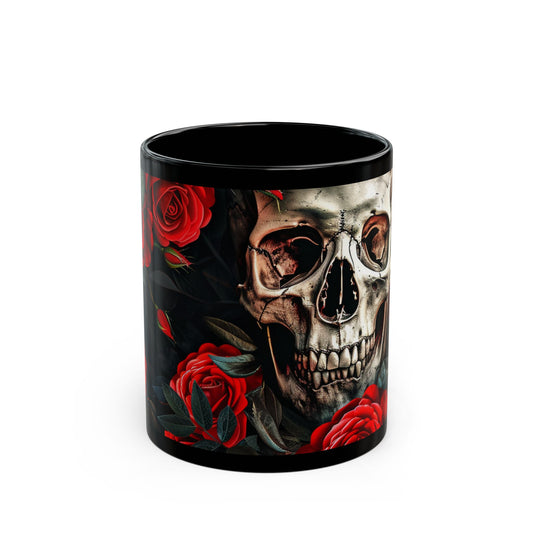 Scull and Red Roses Black Coffee Mug, Black Tea Cup, Gift for Him, Gift for Her, Father's day, Mother's day, Gift Idea (11oz, 15oz) - Homevalley.co.uk