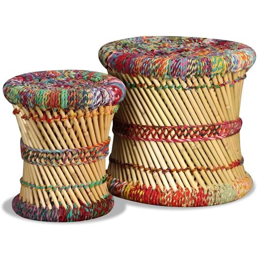 Set of 2 Handmade Bamboo Stools - Side Table with Chindi Details - Homevalley.co.uk