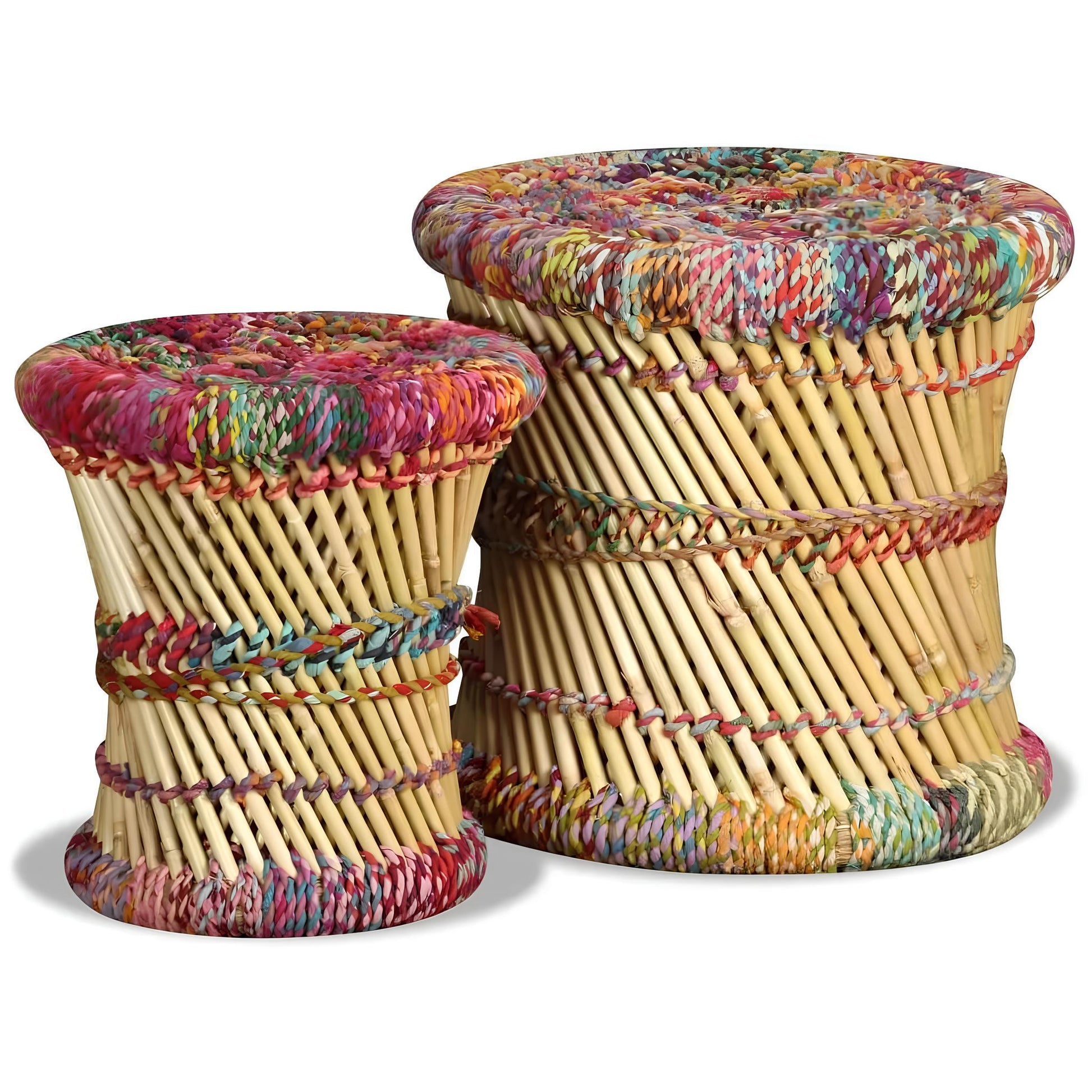 Set of 2 Handmade Bamboo Stools - Side Table with Chindi Details - Homevalley.co.uk