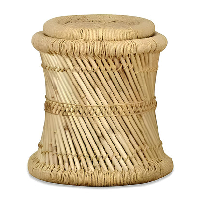 Set of 2 Handmade Bamboo Stools - Side Table with Chindi Details - Homevalley.co.uk