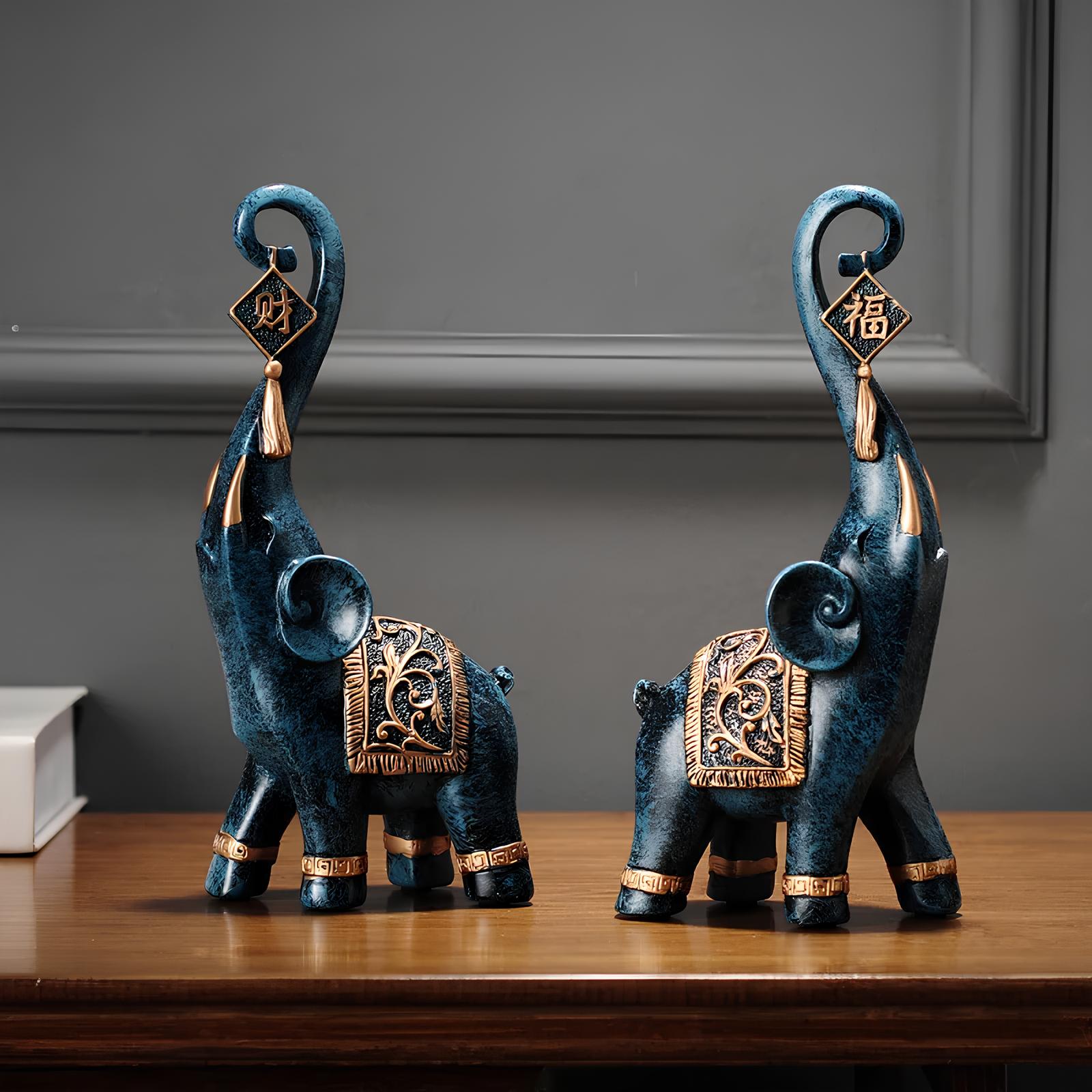 Set of 2 Lucky Elephant Resin Statues Sculpture Ornament - Homevalley.co.uk