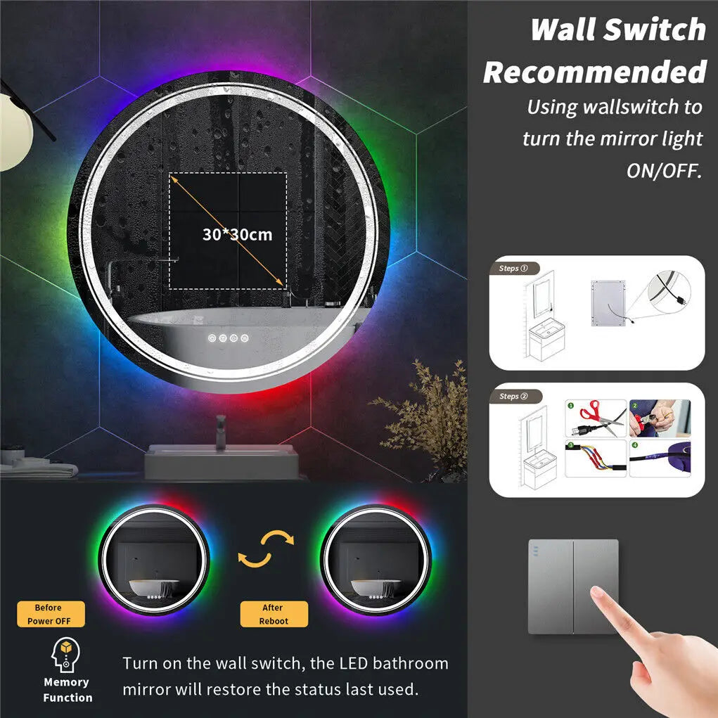 Smart Touch Screen RGB Backlight Bathroom Mirror Wall Mounted Mirror with LED Light - Homevalley.co.uk