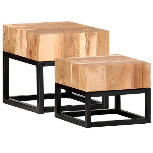 Solid Acacia Wood Square Side Coffee Table (Set of two) - Homevalley.co.uk