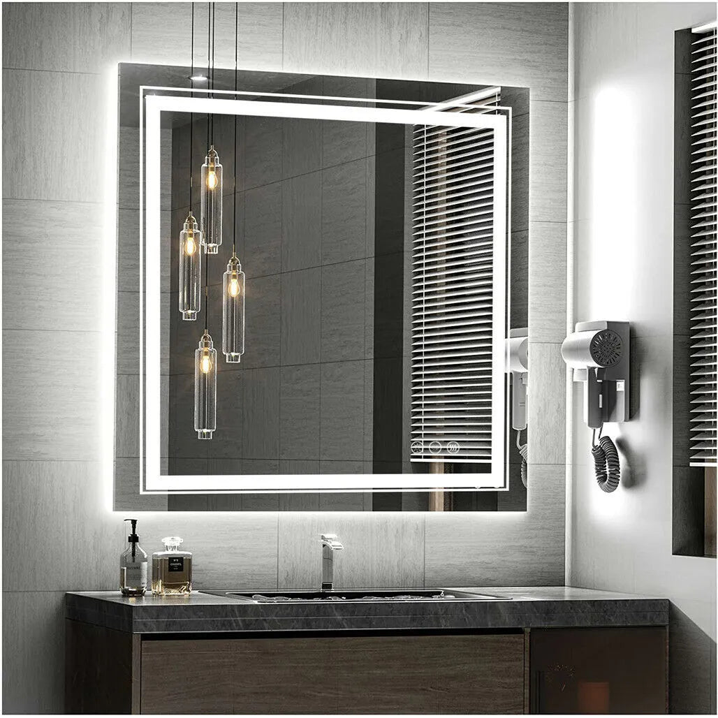 Square Illuminated Wall Bathroom Mirror with LED Lights Dimmable Defog Mirror on Sink - Homevalley.co.uk