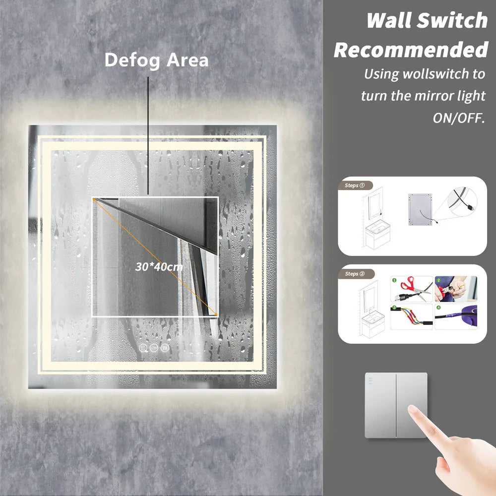Square Illuminated Wall Bathroom Mirror with LED Lights Dimmable Defog Mirror on Sink - Homevalley.co.uk