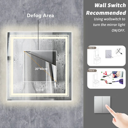 Square Illuminated Wall Bathroom Mirror with LED Lights Dimmable Defog Mirror on Sink - Homevalley.co.uk