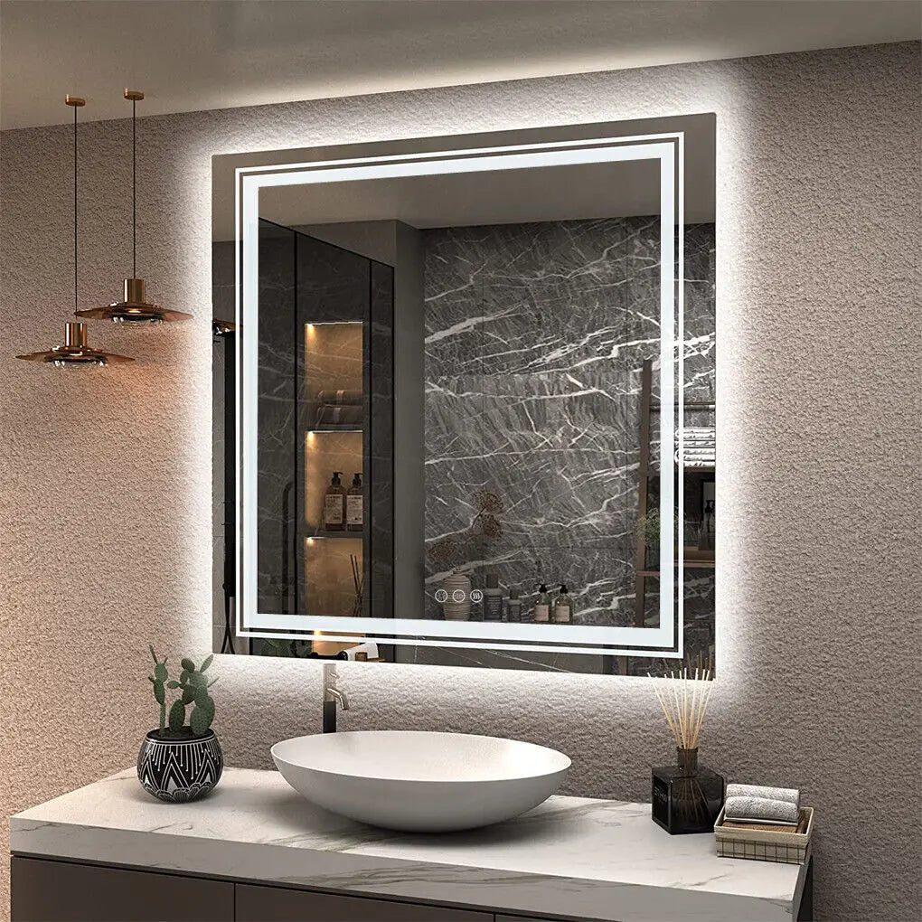 Square Illuminated Wall Bathroom Mirror with LED Lights Dimmable Defog Mirror on Sink - Homevalley.co.uk