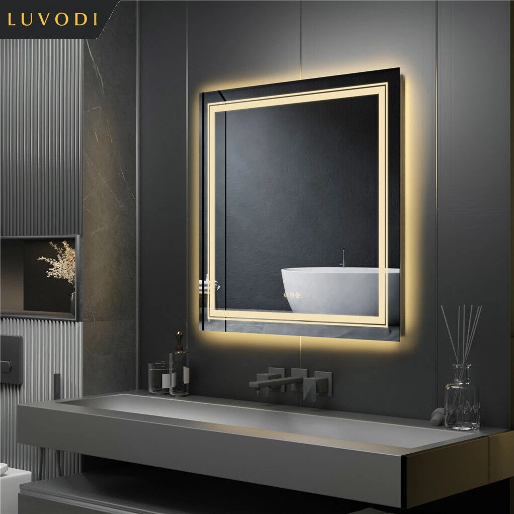 Square Illuminated Wall Bathroom Mirror with LED Lights Dimmable Defog Mirror on Sink - Homevalley.co.uk