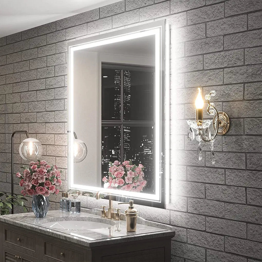 Square Illuminated Wall Bathroom Mirror with LED Lights Dimmable Defog Mirror on Sink - Homevalley.co.uk