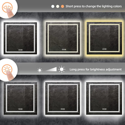 Square Illuminated Wall Bathroom Mirror with LED Lights Dimmable Defog Mirror on Sink - Homevalley.co.uk