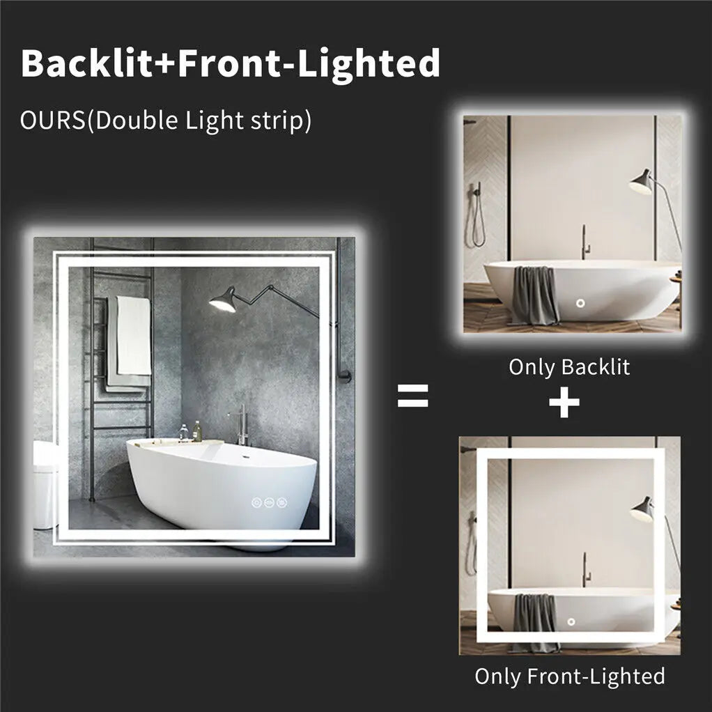 Square Illuminated Wall Bathroom Mirror with LED Lights Dimmable Defog Mirror on Sink - Homevalley.co.uk