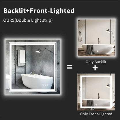 Square Illuminated Wall Bathroom Mirror with LED Lights Dimmable Defog Mirror on Sink - Homevalley.co.uk