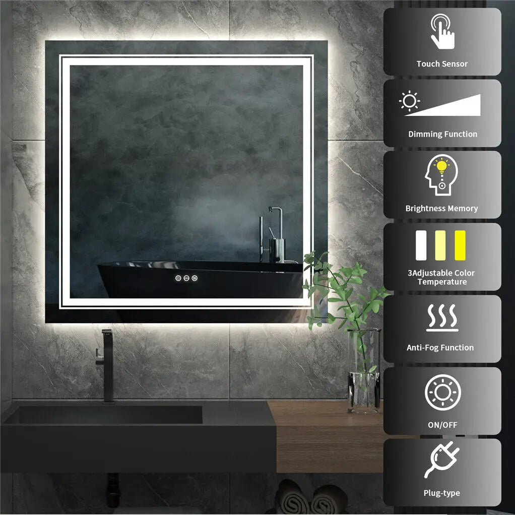 Square Illuminated Wall Bathroom Mirror with LED Lights Dimmable Defog Mirror on Sink - Homevalley.co.uk