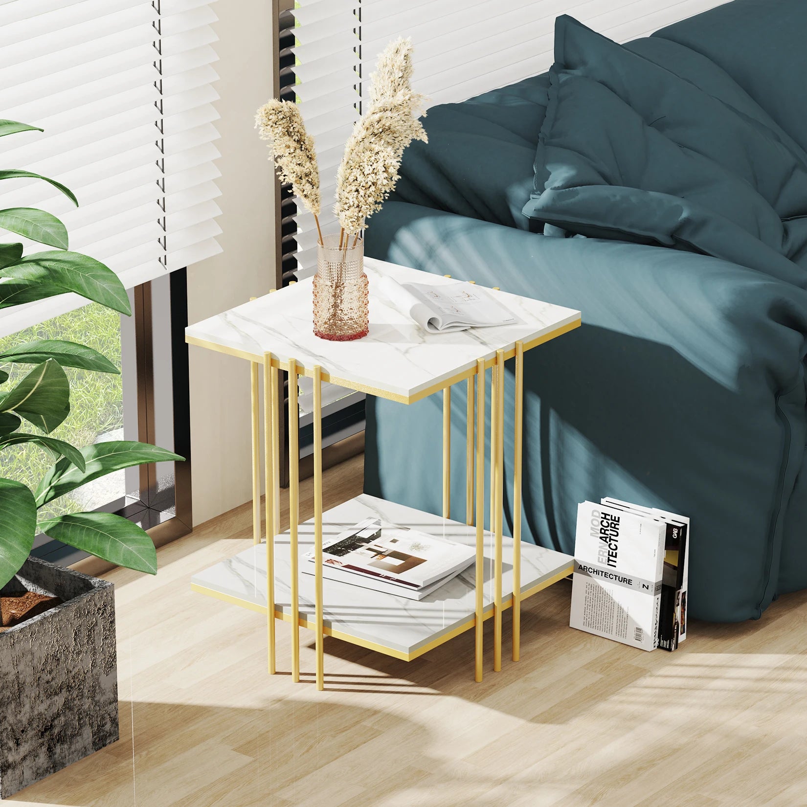 Square Marble Top Gold Legs Coffee Side End Table - Homevalley.co.uk