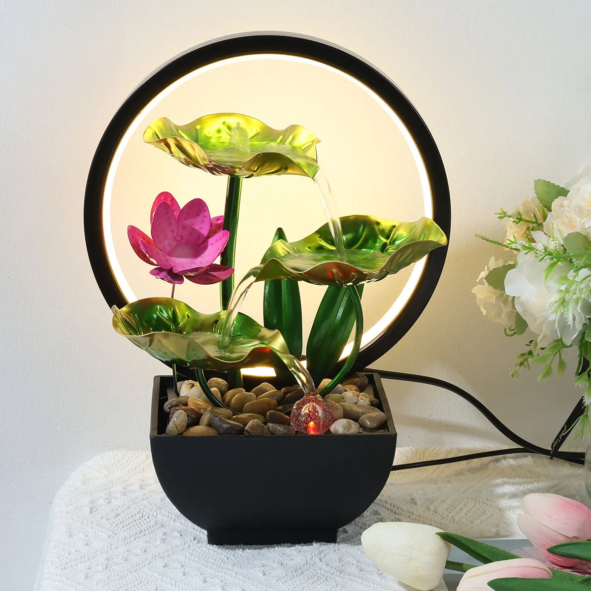 Tabletop Lotus Flowers Fountain Circulating Water LED Ring Lights - Homevalley.co.uk