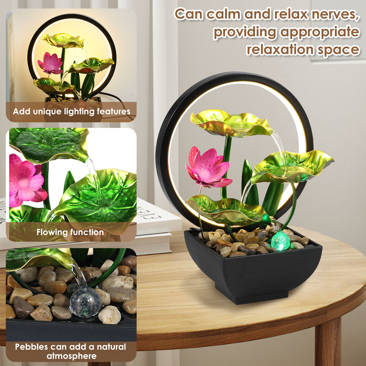 Tabletop Lotus Flowers Fountain Circulating Water LED Ring Lights - Homevalley.co.uk