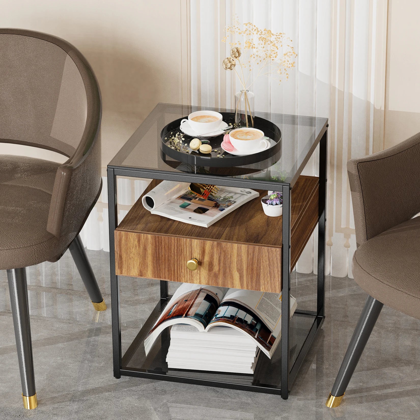 Tempered Glass Square Nightstand Table - Homevalley.co.uk