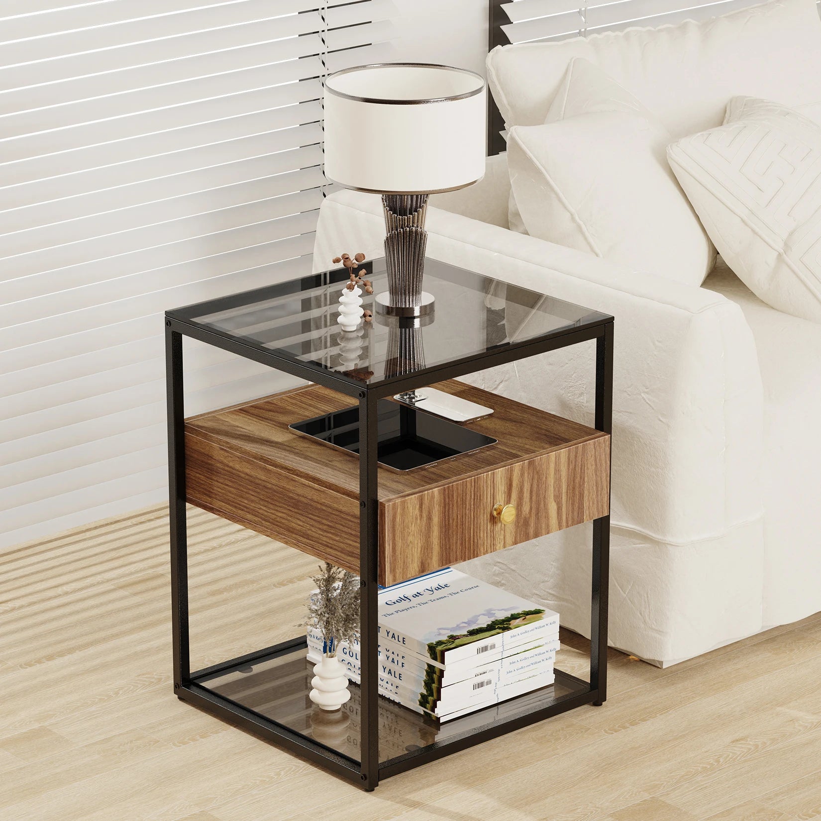Tempered Glass Square Nightstand Table - Homevalley.co.uk