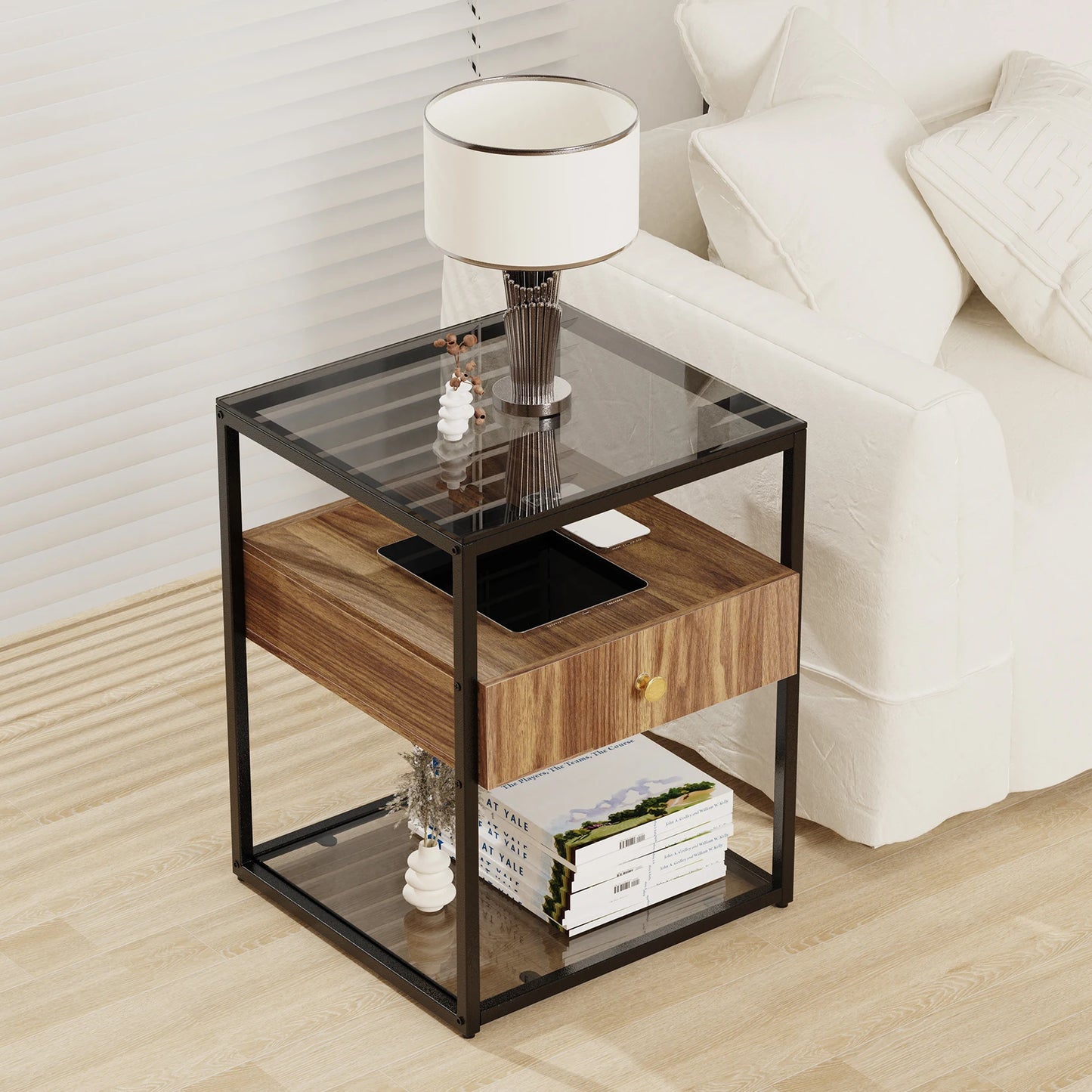 Tempered Glass Square Nightstand Table - Homevalley.co.uk