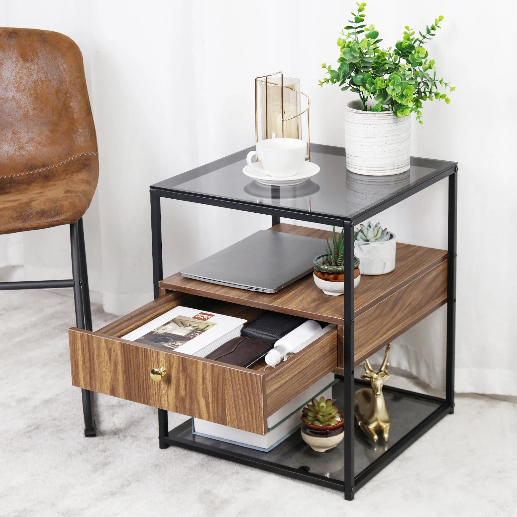 Tempered Glass Square Nightstand Table - Homevalley.co.uk