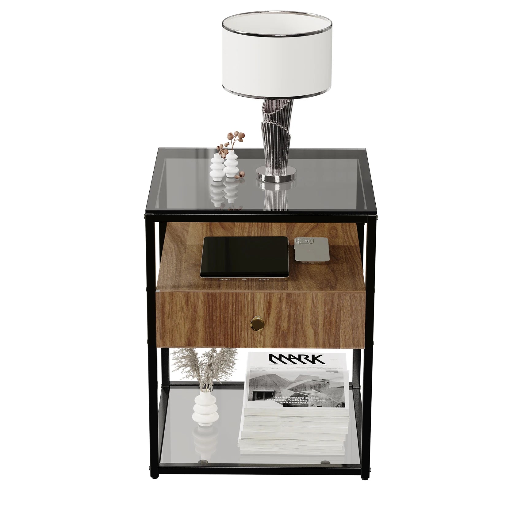 Tempered Glass Square Nightstand Table - Homevalley.co.uk