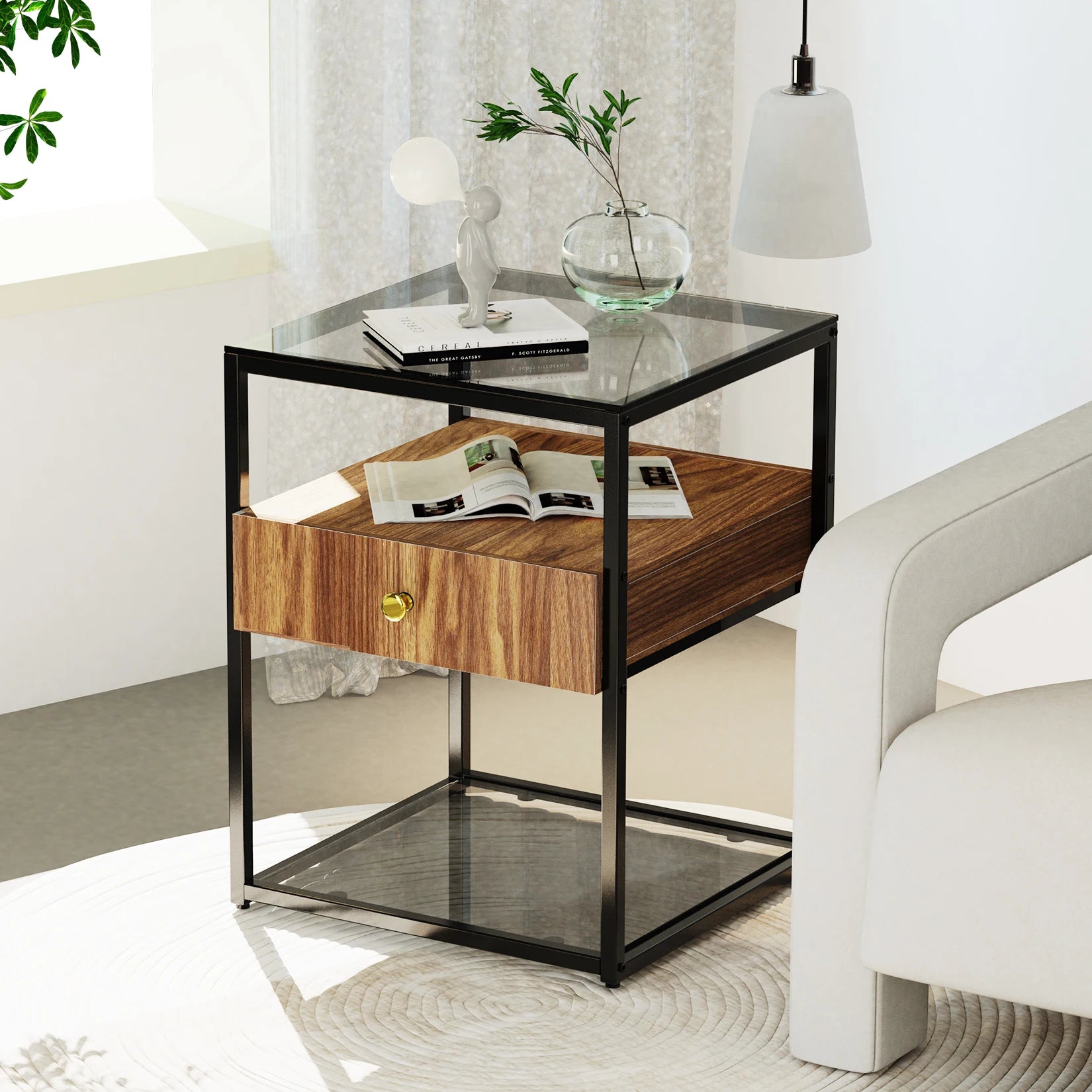 Tempered Glass Square Nightstand Table - Homevalley.co.uk