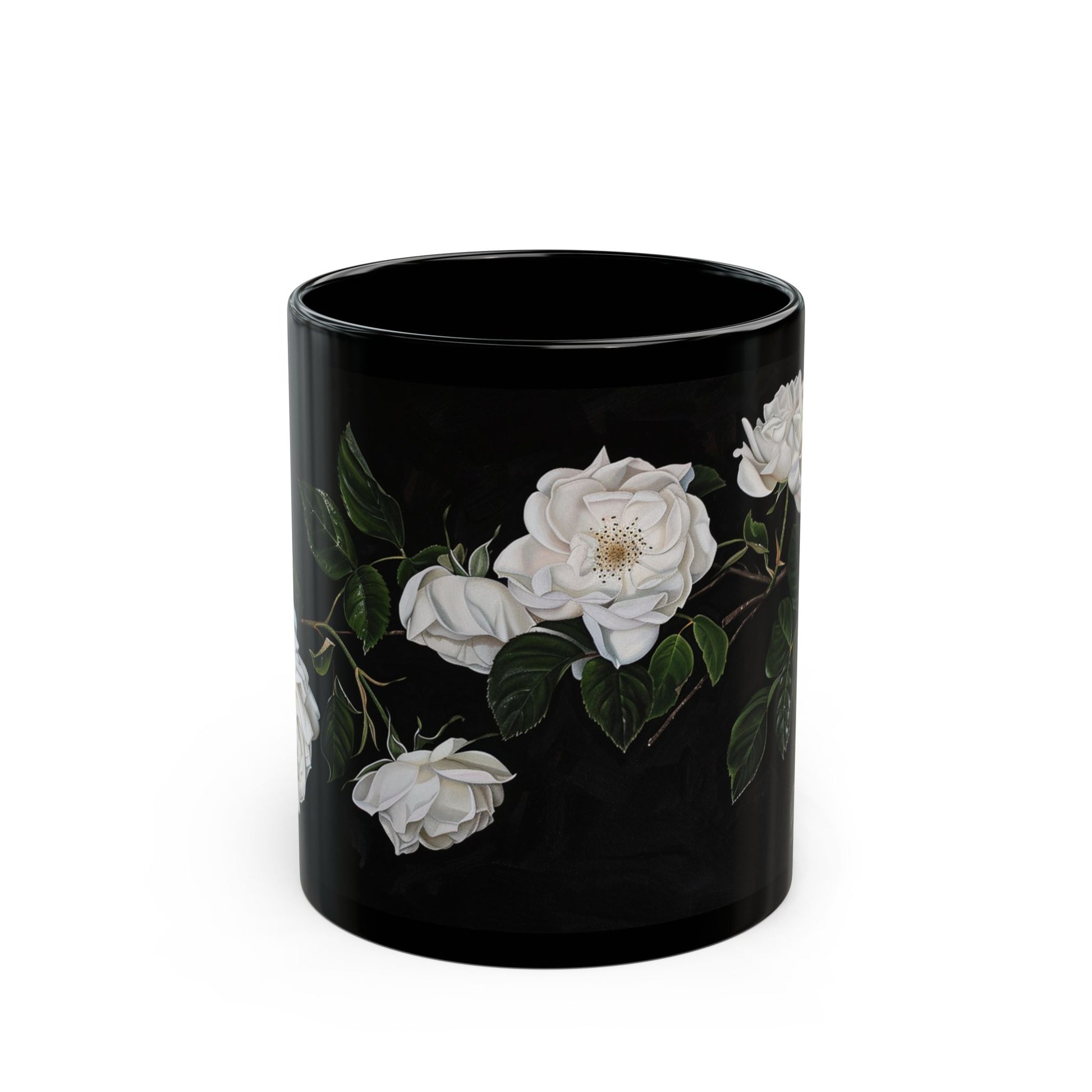 White Rose Flowers Coffee Mug, Black Coffee Cup, White Flowers Tea Cup, Gift for Her, 11oz - Homevalley.co.uk