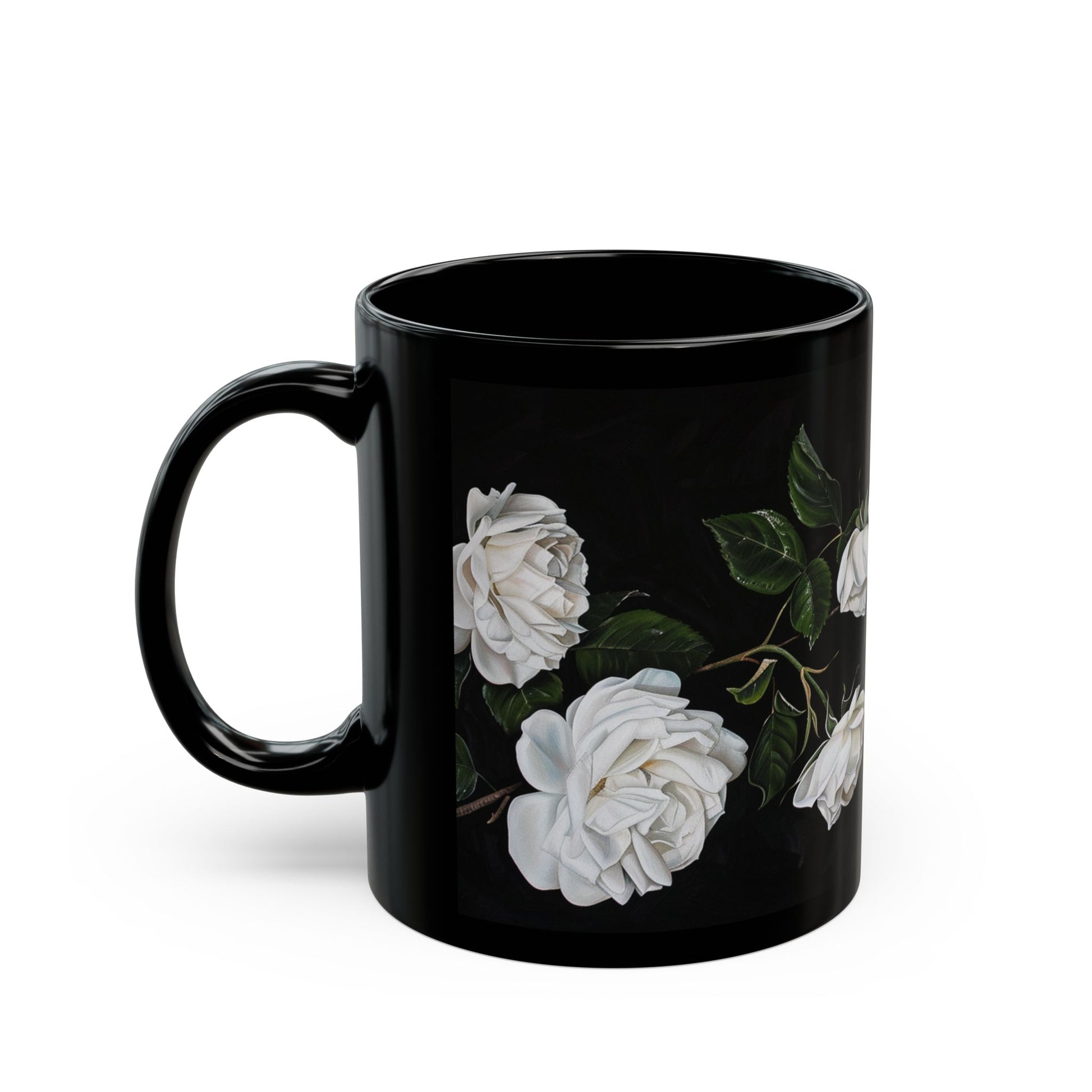 White Rose Flowers Coffee Mug, Black Coffee Cup, White Flowers Tea Cup, Gift for Her, 11oz - Homevalley.co.uk