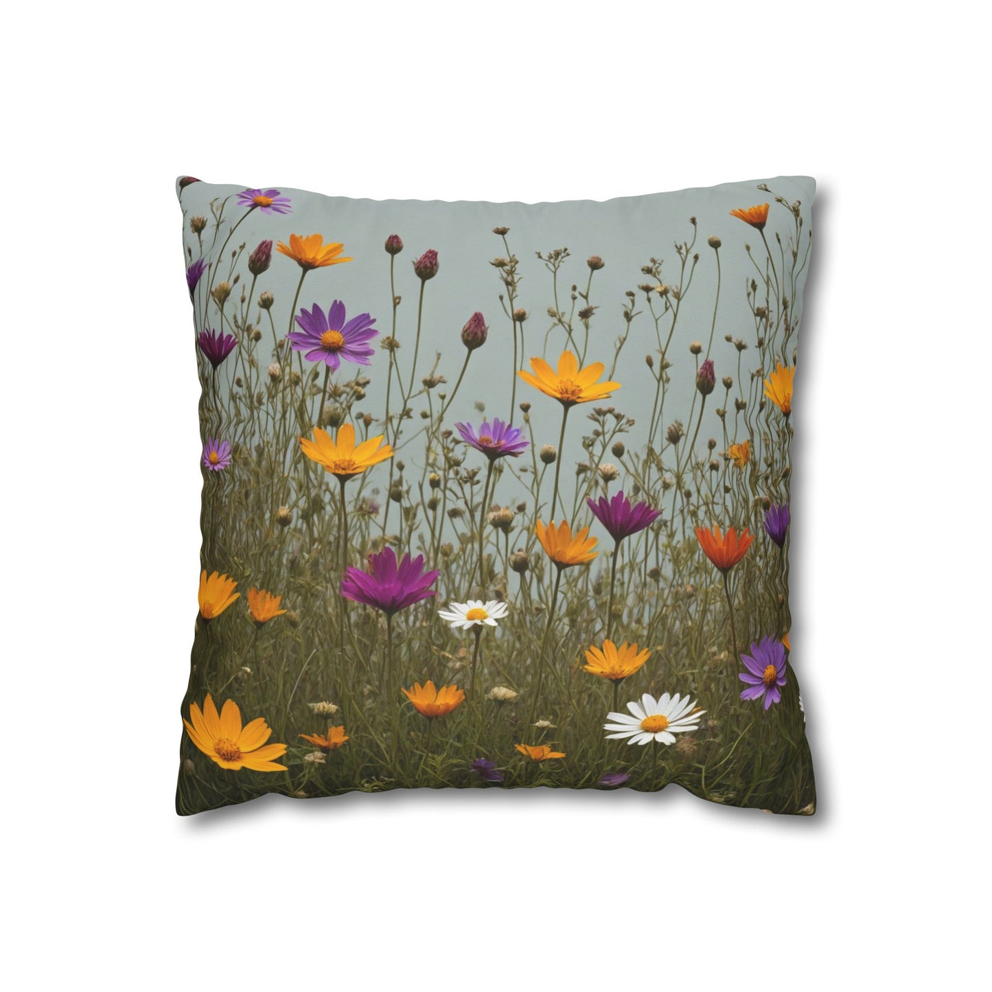 Wild Flowers Cushion Cover, Lilac and Yellow Flowers Cushion Cover, Floral Pillow, Botanical Pillow, Camomile Pillow - Homevalley.co.uk