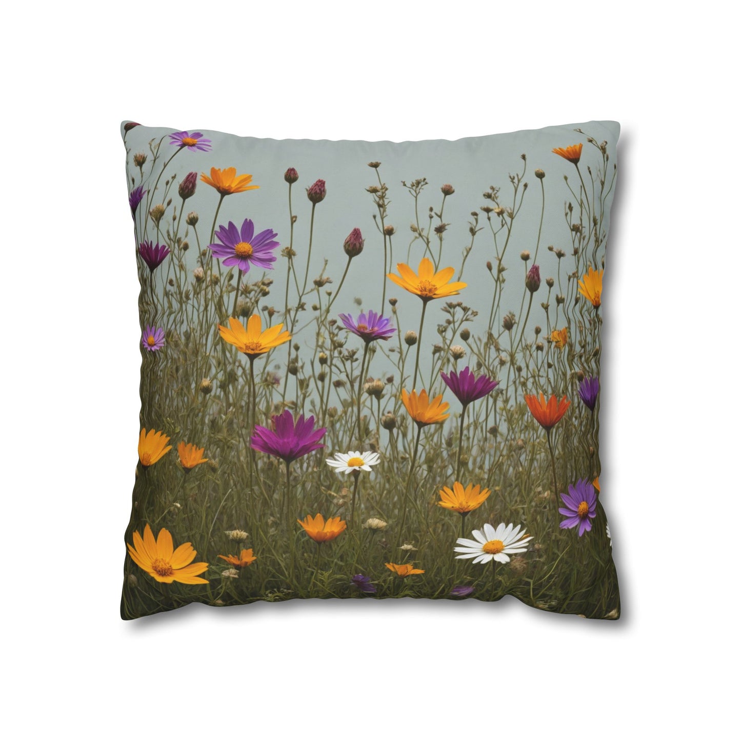 Wild Flowers Cushion Cover, Lilac and Yellow Flowers Cushion Cover, Floral Pillow, Botanical Pillow, Camomile Pillow - Homevalley.co.uk