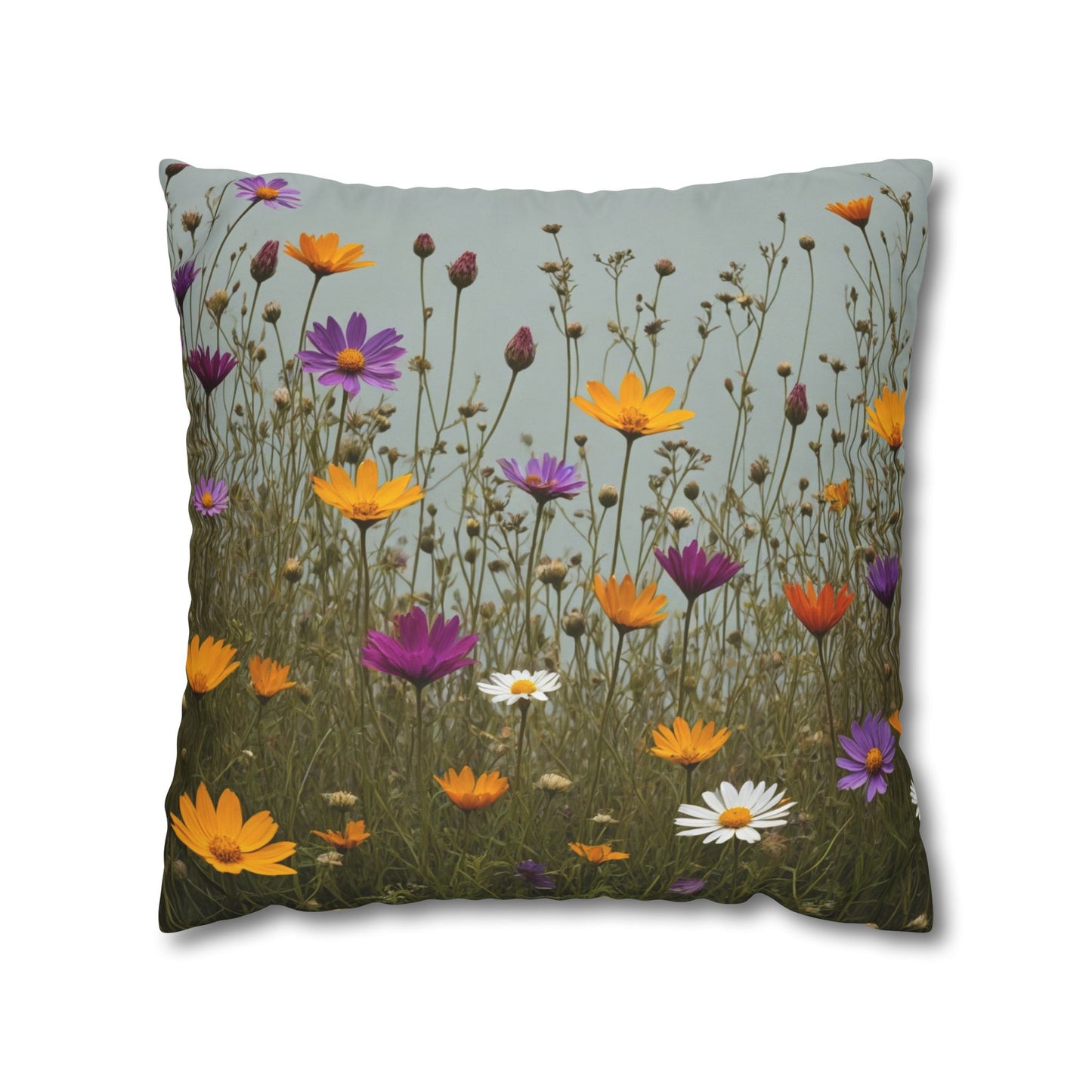 Wild Flowers Cushion Cover, Lilac and Yellow Flowers Cushion Cover, Floral Pillow, Botanical Pillow, Camomile Pillow - Homevalley.co.uk