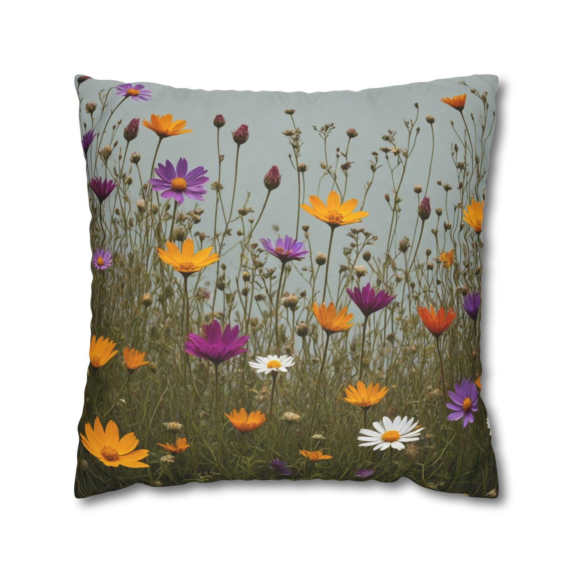 Wild Flowers Cushion Cover, Lilac and Yellow Flowers Cushion Cover, Floral Pillow, Botanical Pillow, Camomile Pillow - Homevalley.co.uk