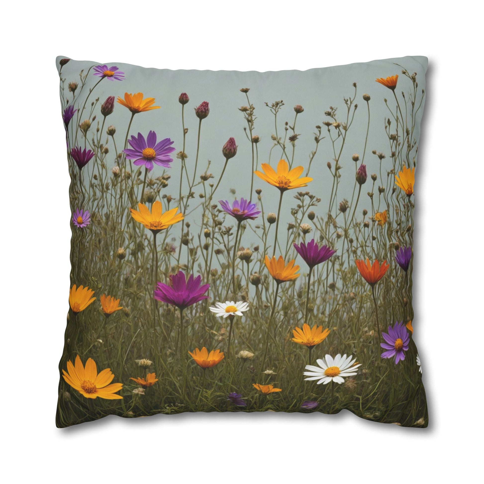Wild Flowers Cushion Cover, Lilac and Yellow Flowers Cushion Cover, Floral Pillow, Botanical Pillow, Camomile Pillow - Homevalley.co.uk