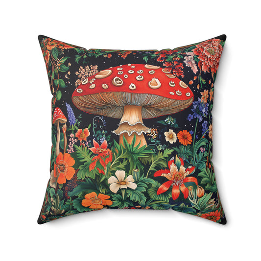 William Morris Style Mushroom and Botanicals Square Pillow, Red Mushroom and Flowers, insert included - Homevalley.co.uk