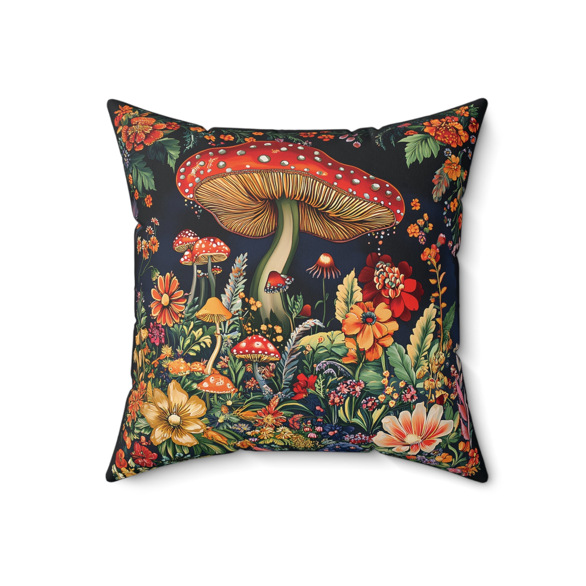 William Morris Style Mushroom and Botanicals Square Pillow, Red Mushroom and Flowers, insert included - Homevalley.co.uk
